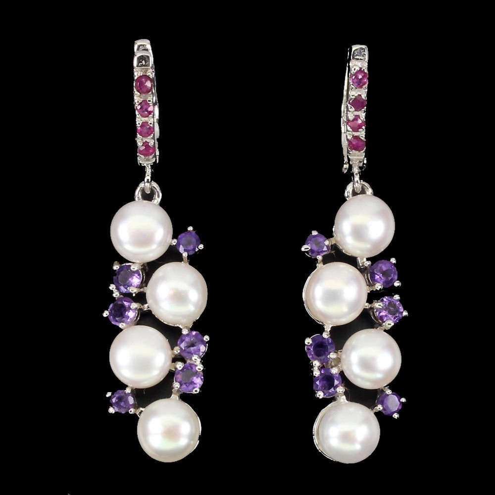 Pearl, Amethyst and Ruby 925 silver earrings